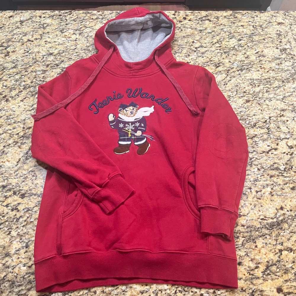 Teenie Wander Red‎ Skiing Bear Embroidered Hoodie Waffle Lined XL Sweatshirt